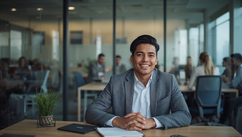 ga98b1672a5079fc73c7194979887ff490863d2bb59b3439a58f389fedb4eeb5b63f5ccccf030842732a0099acadda10f3060740a54a42f7d59c7c5cbb007598b_1280-9978151 man, office, business, professional, young, smiling, desk, modern, work, corporate, employee, colleague, team, meeting, startup, ambition, career, portrait, confident, happy, workspace, interior, glass walls, city, ai generated